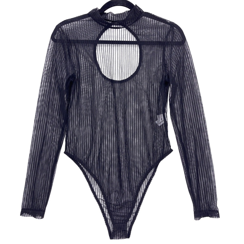 Commense Black Mesh Cutout Mock Neck Bodysuit XL Sheer Pleated Long Sleeve